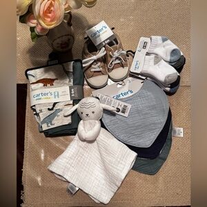 Carter’s baby bundle shoes sz 3-6m, socks 6-12m, pants sz 3-6m, 3pk bibs & toy